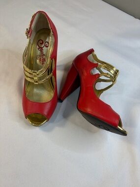 Seychelles RED GOLD Strappy Mary Jane Style Pumps Vintage Sz 6 Leather Peep Toe